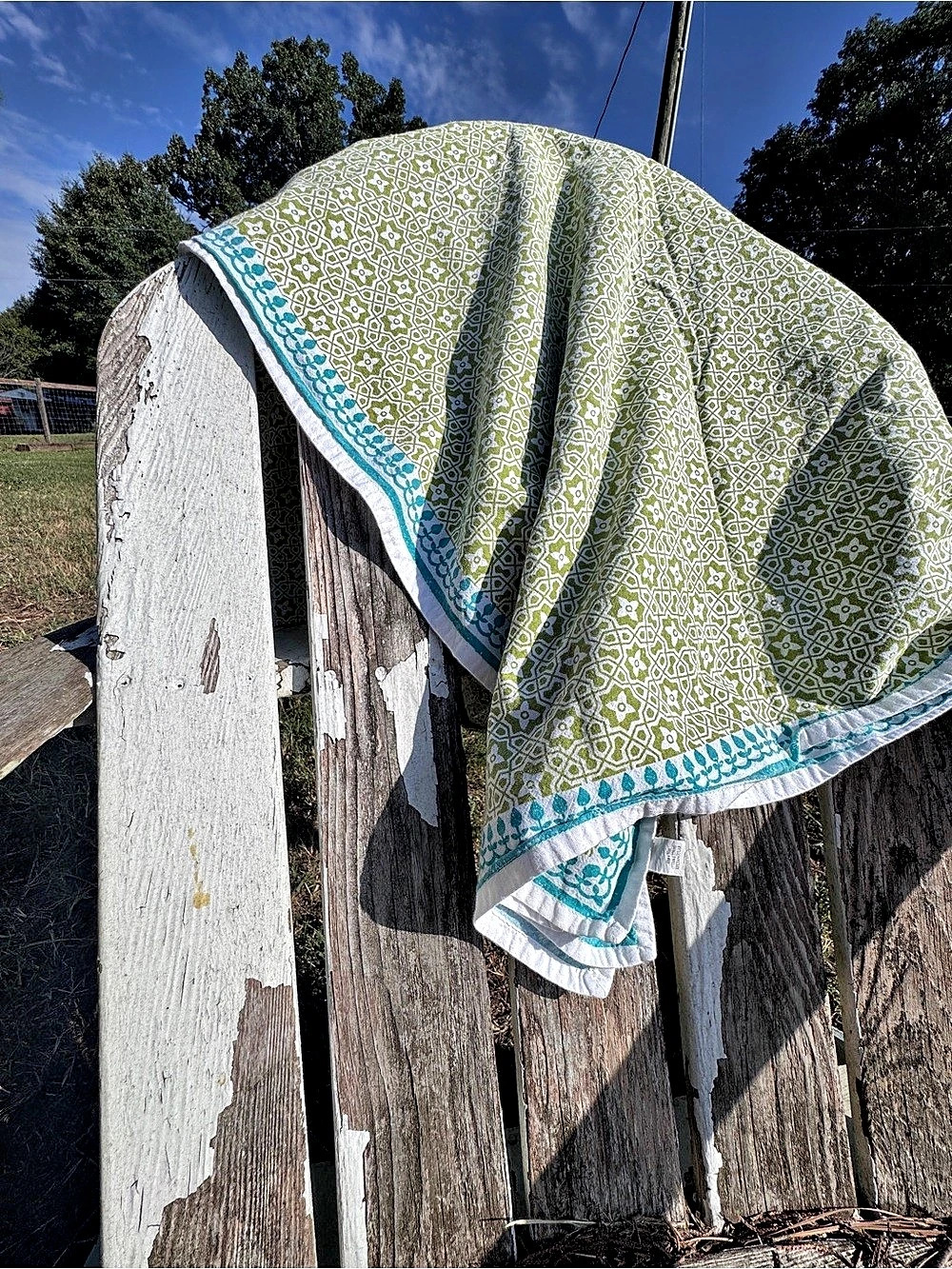 World Market Green Hand Block Print Rectangular Tablecloth 100% cotton
